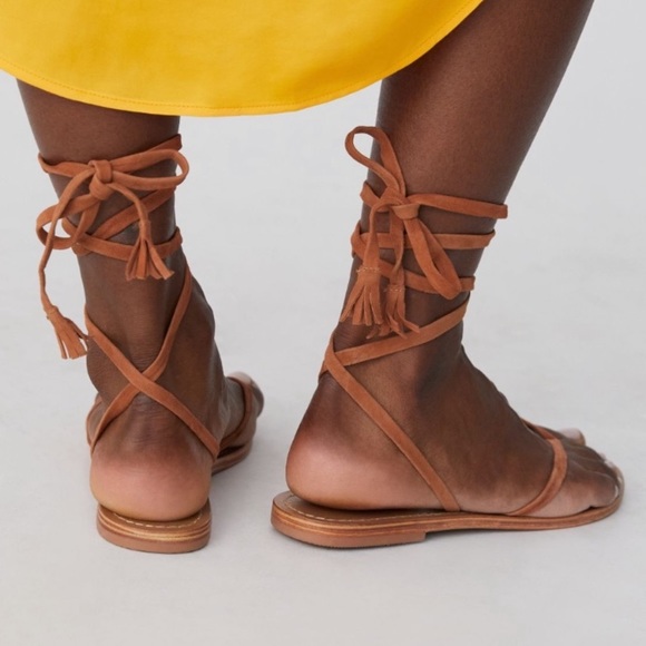 Anthropologie Pilcro Tie Up Sandals sz 8 Brown Flats tassels NWOB - Picture 3 of 9